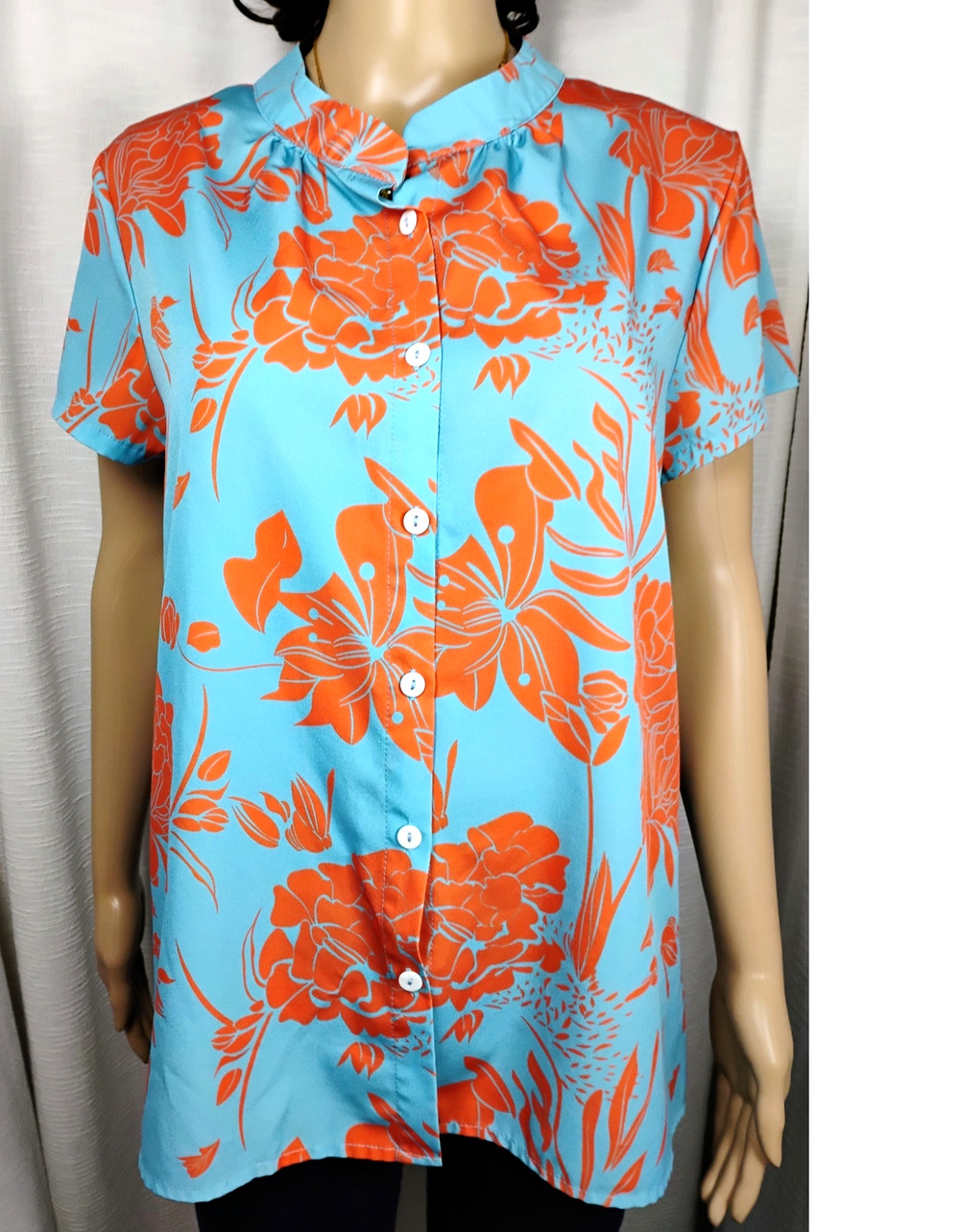 Tropical Floral Med Button Front Blouse Short Sleeve Resort Cruise Vacation Top